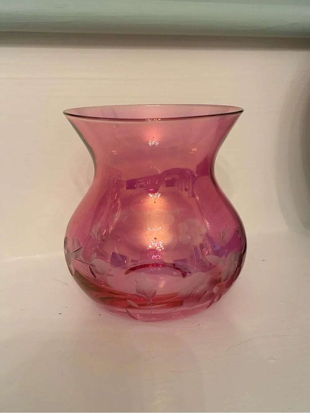 Vintage Iridescent, Cranberry Glass Vase with Hand, Etched Floral Design.